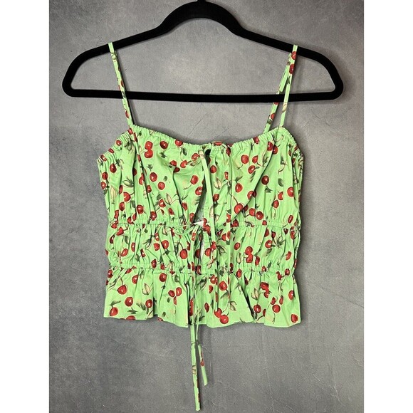 WAYF Cherries Green Camisole Top Elastic Trim Cotton Front Cut Out Ties Women S - Picture 2 of 12